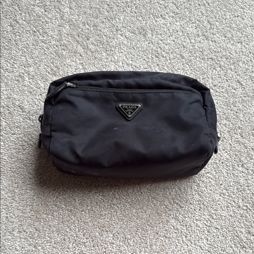 Prada Black Nylon large cosmetic make up toiletry pouch bag